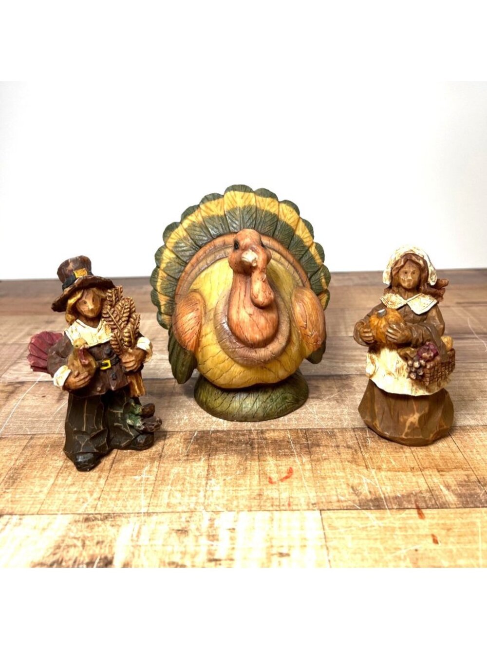 Hand-Painted Thanksgiving Pilgrim & Turkey Figurine Set  Autumn Harvest - Set Of